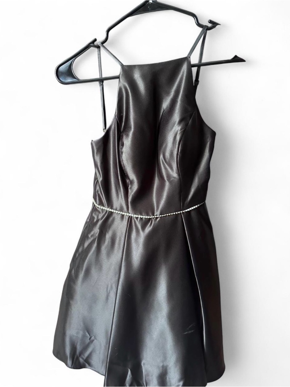 B Darlin Elegant Black Satin Halter Dress with Rhinestone Waist